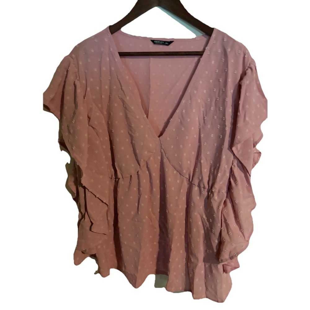 SHEIN Curve Top XXL Sheer Swiss Dot Faux Wrap V-Neck Peplum Blouse Top Pink